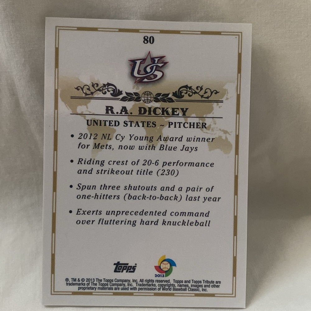 2013 Topps R.A. Dickey Team USA Auto #80 (039) - Picture 3 of 3